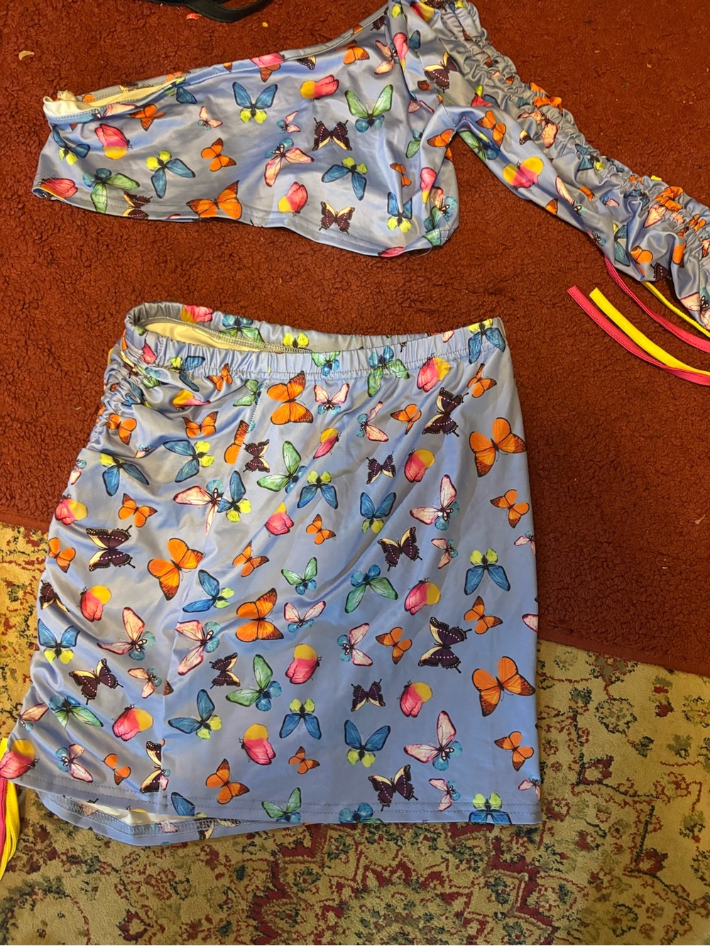 Butterfly-Print Light Blue Swim Mini Skirt and One Sleeved Swim top